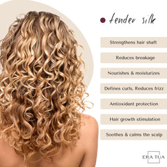 ERA TUA Tender Silk Bouncing Curls bottle close-up showing smooth texture and curl definition.