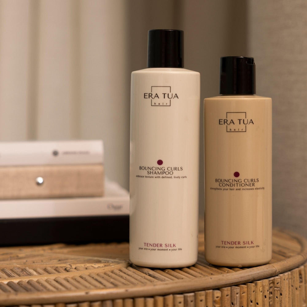 Color-treated hair safe ERA TUA Tender Silk Bouncing Curls Conditioner illustrated.