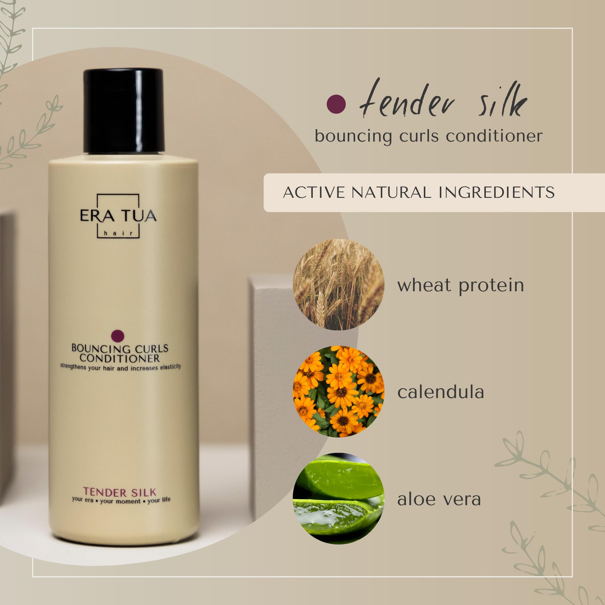 Calendula oil detail in ERA TUA conditioner image suggests scalp soothing and moisture balance.