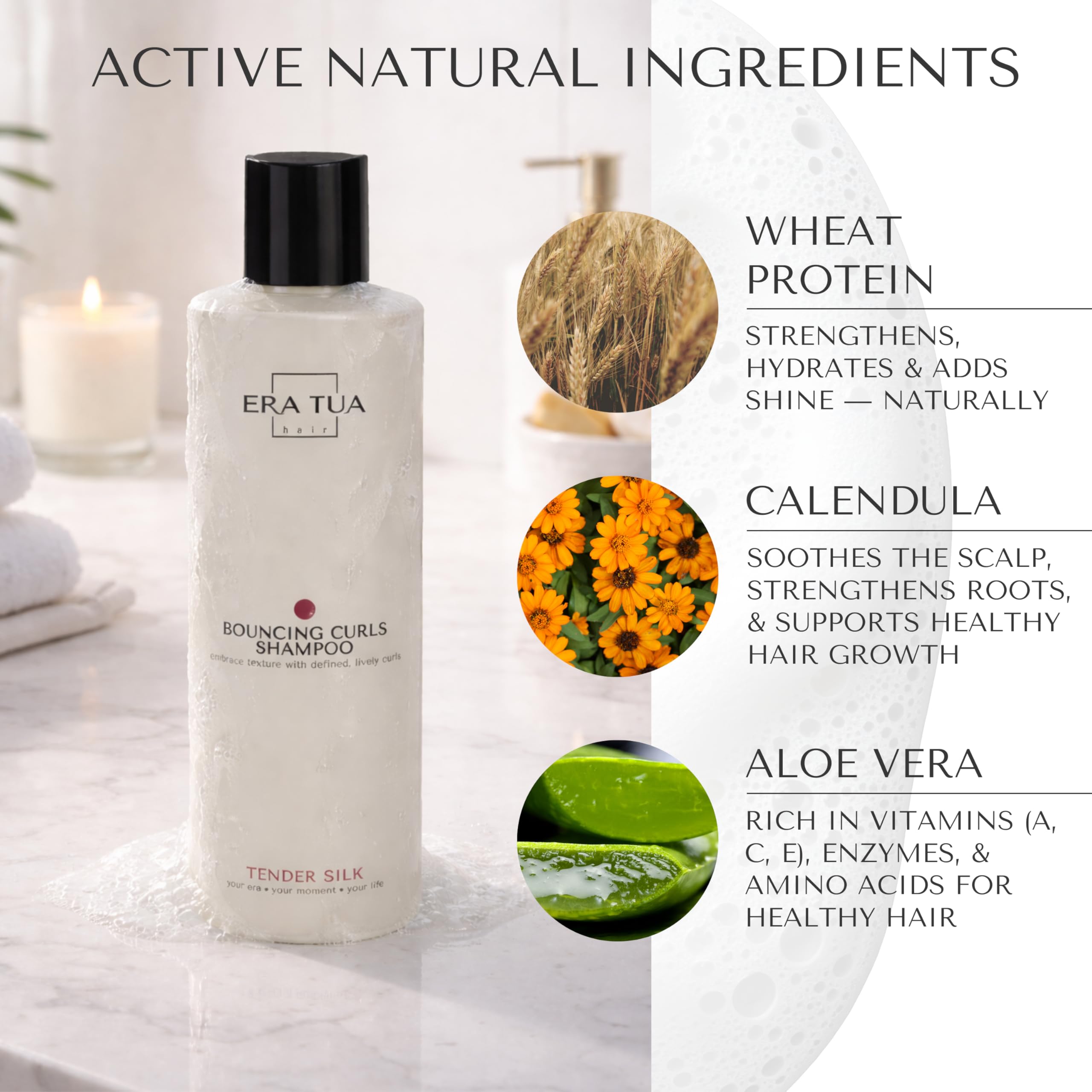 ERA TUA Tender Silk Bouncing Curls Shampoo label highlights a sulfate-free formula.