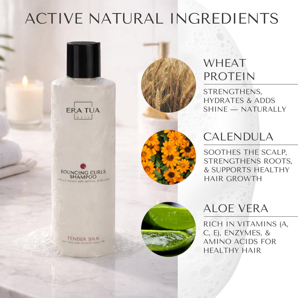 ERA TUA Tender Silk Bouncing Curls Shampoo label highlights a sulfate-free formula.