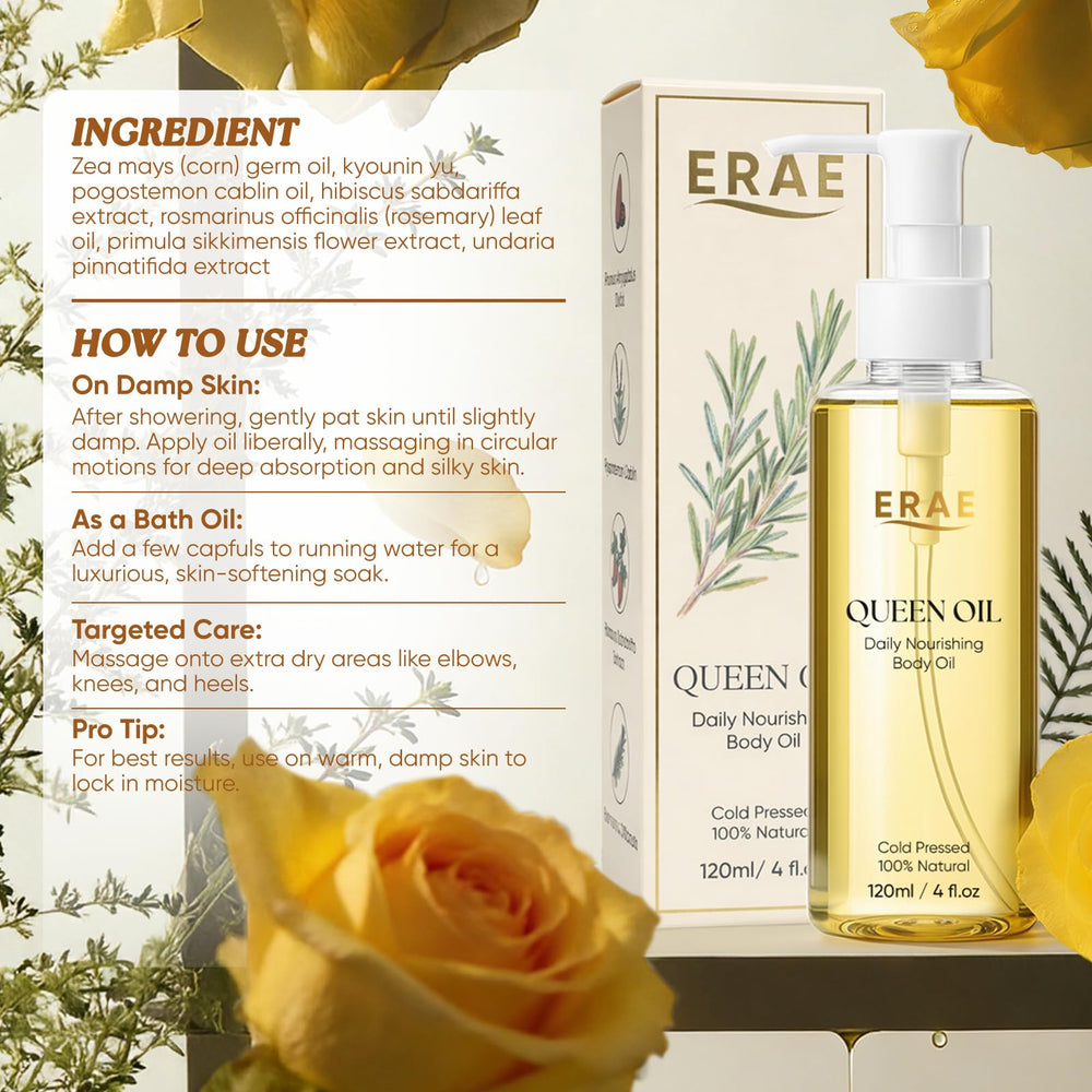 ERAE Queen Oil bottle side view highlighting travel friendly two pack.