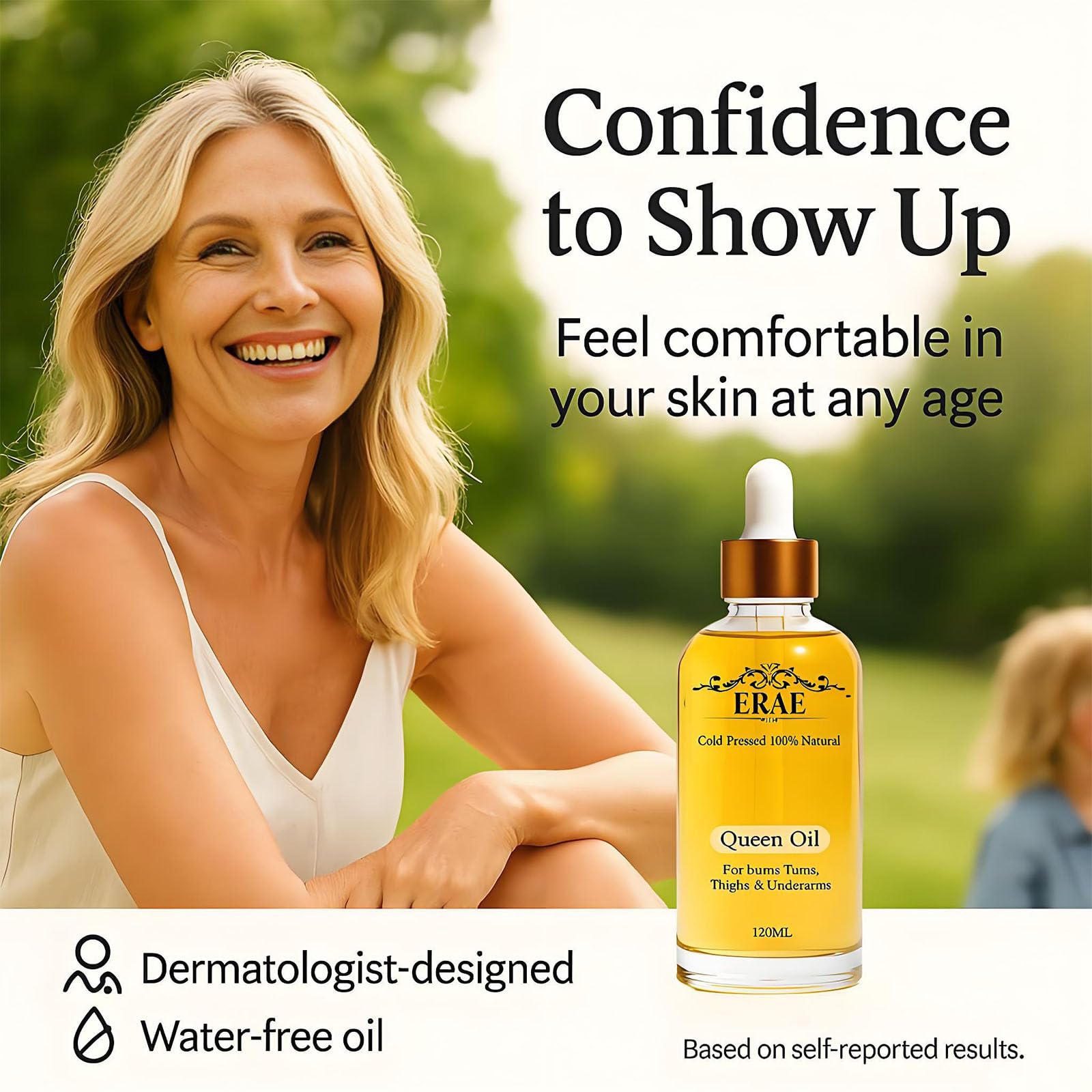 Erae Queen Oil on the thigh area showing hydrated, supple skin.