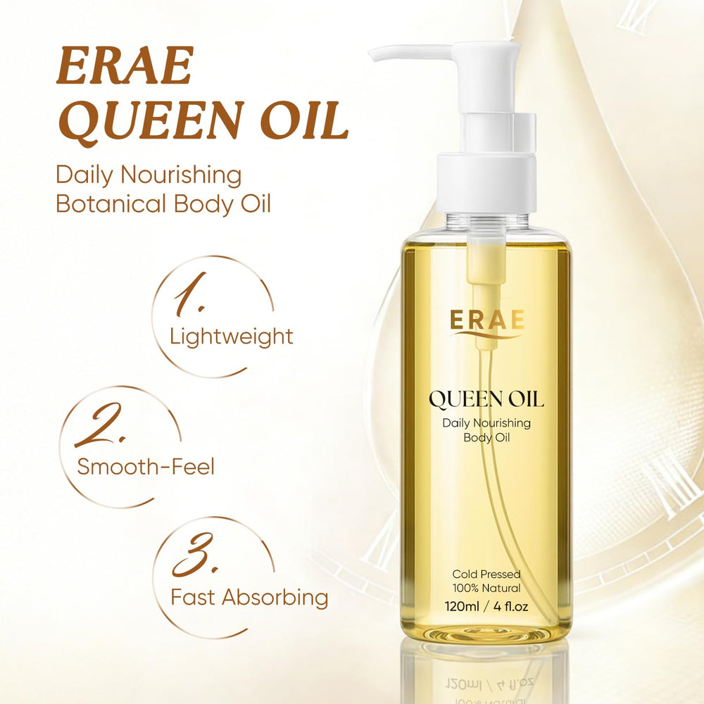 ERAE Queen Oil label closeup reveals cold pressed botanical blend.