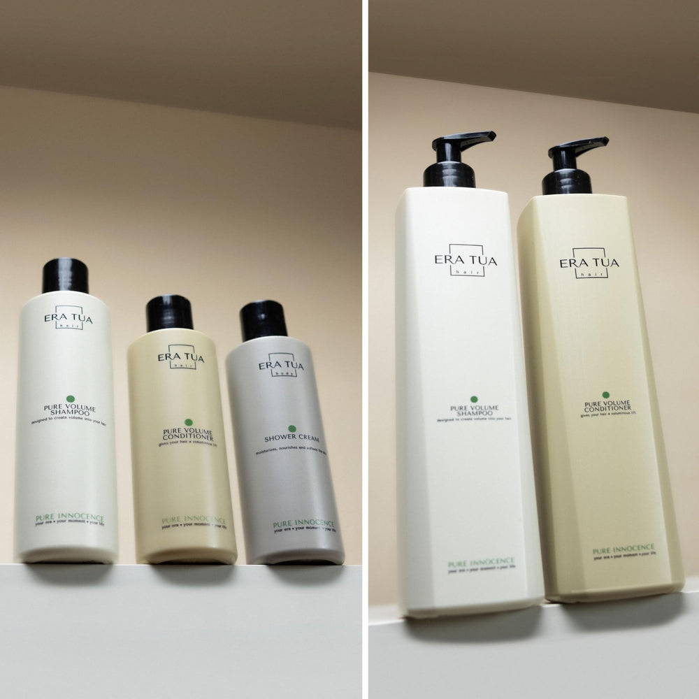 ERA TUA Pure Innocence Volume Shampoo bottle on shelf for daily use