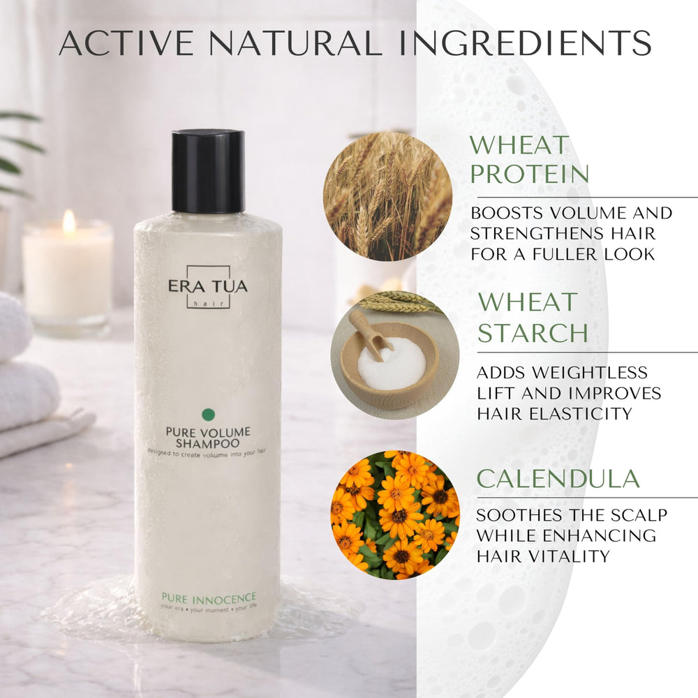 ERA TUA Pure Innocence Volume Shampoo bottle pour illustrating easy application