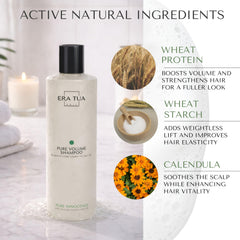 ERA TUA Pure Innocence Volume Shampoo bottle pour illustrating easy application