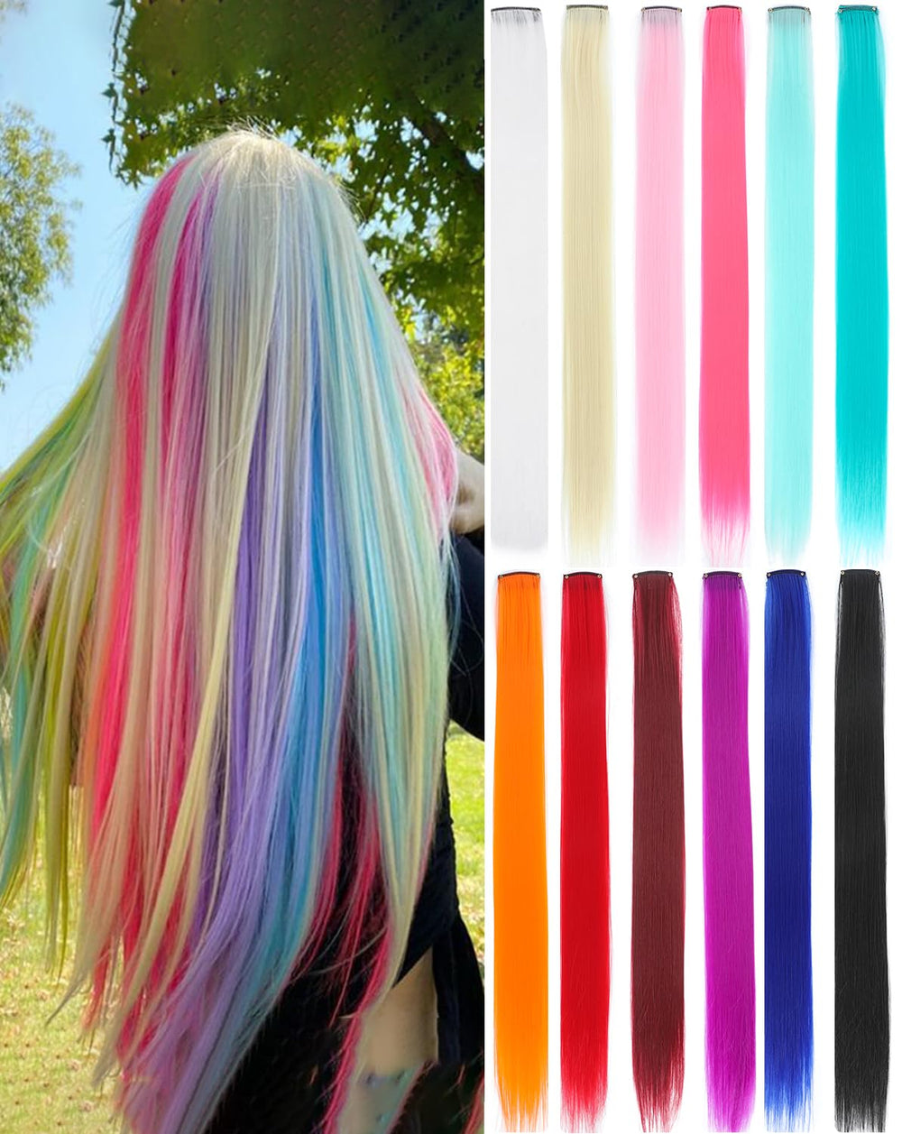 Eravauly colored clip-in extensions for parties add instant color without dye.