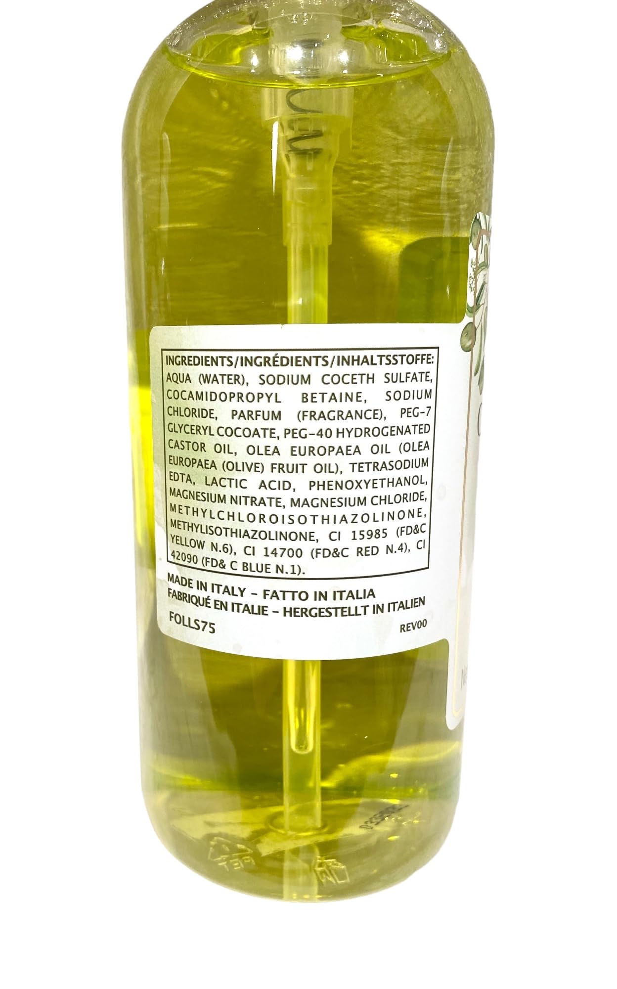 ERBARIO TOSCANO Olive Oil Moisturizing Liquid Soap label closeup highlights Italian craftsmanship and olive oil nourishment.