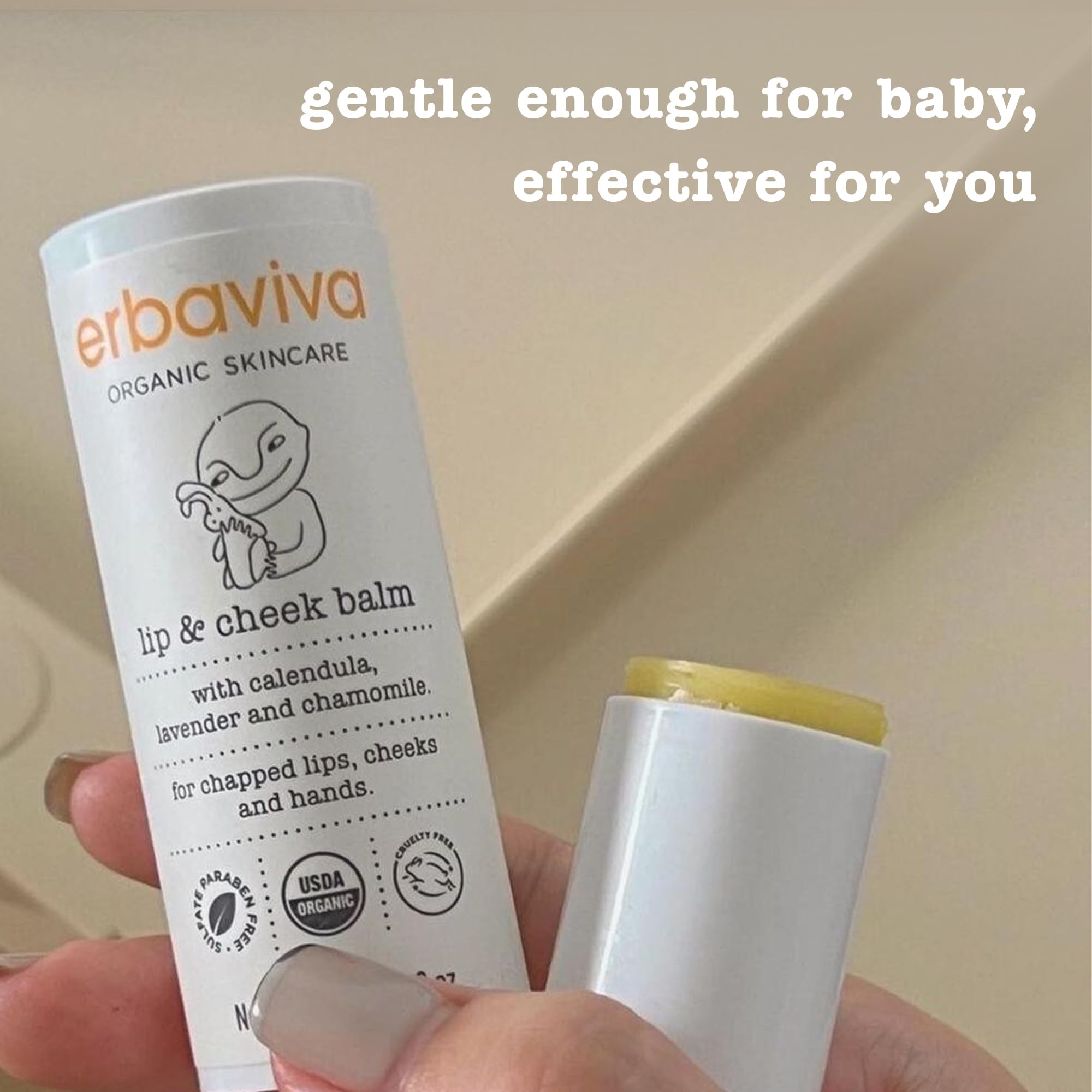 Erbaviva lip cheek hand protection balm in a convenient roll-on format.