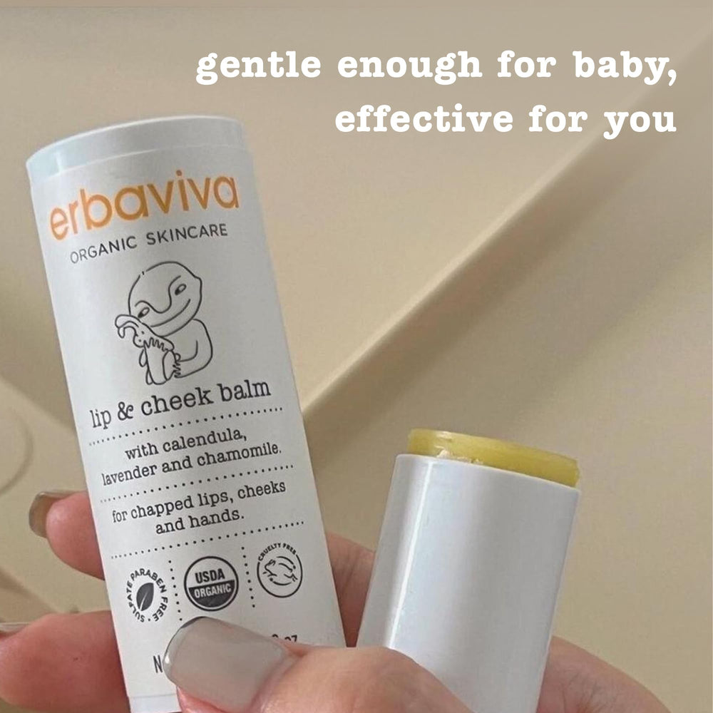 Erbaviva lip cheek hand protection balm in a convenient roll-on format.