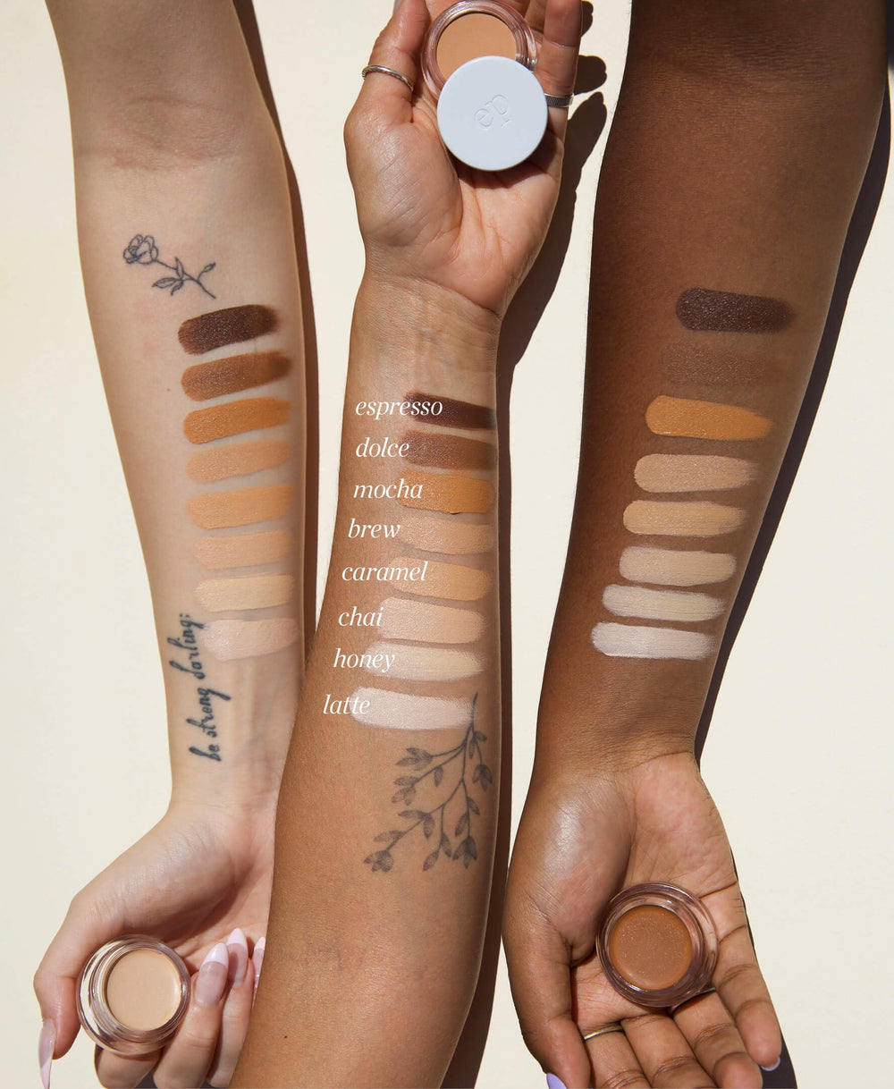 Applied on skin with Ere Perez Arnica All-Cover Pot Concealer, texture evens complexion