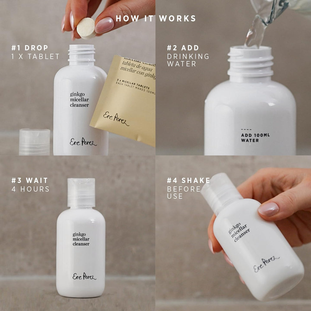 Refillable bottle in a simple sustainable daily cleansing routine.