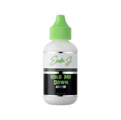 Ericka J Hold Me Down adhesive bottle closeup shows quick-dry hold for lace wigs.