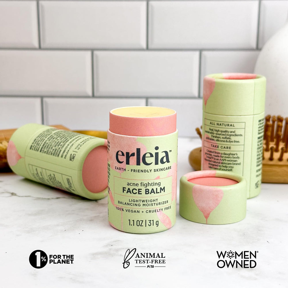 Erleia Solid Face Balm ingredients highlight vegan and sustainably sourced formula.