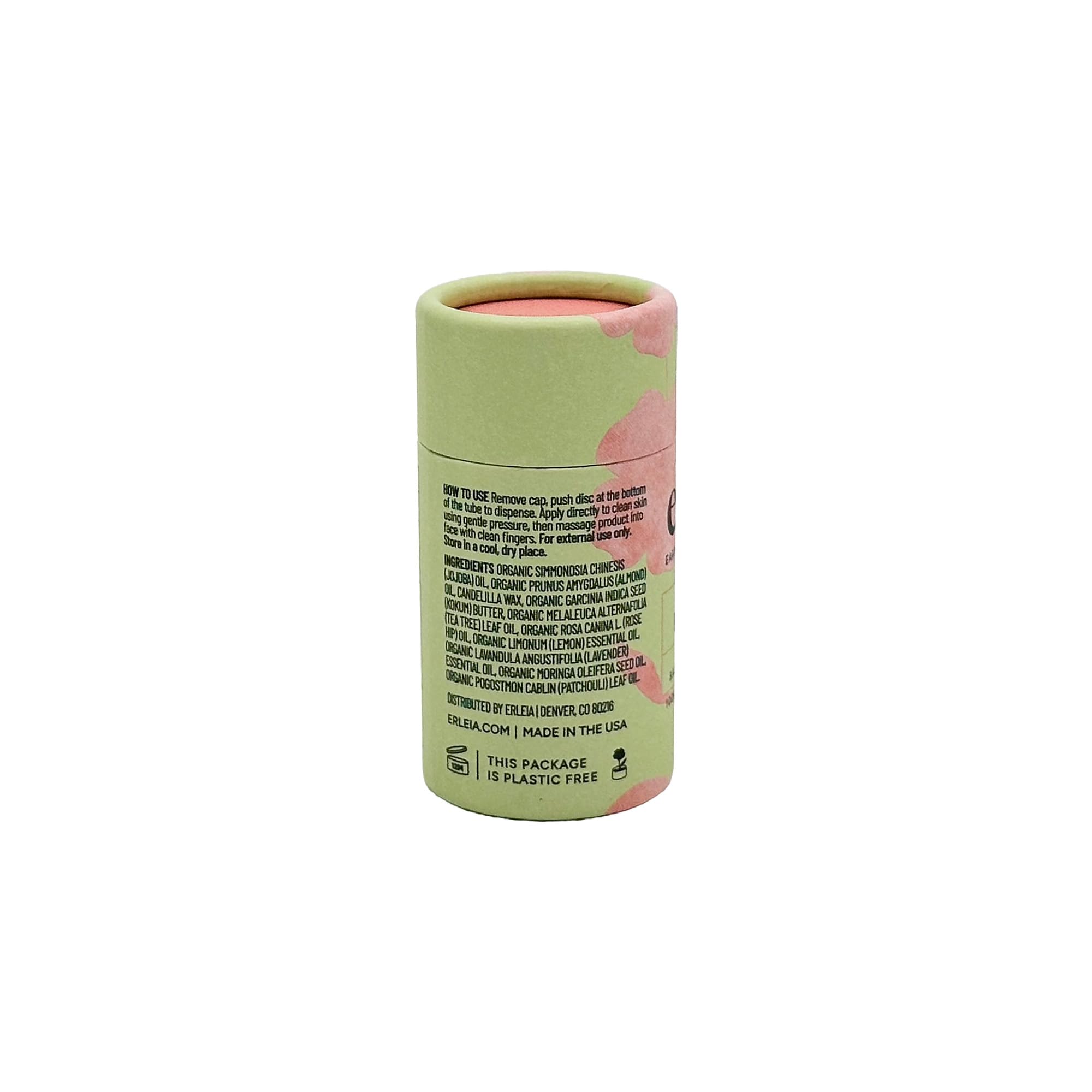 Erleia Solid Face Balm packaging shows a plastic-free, sustainable design.