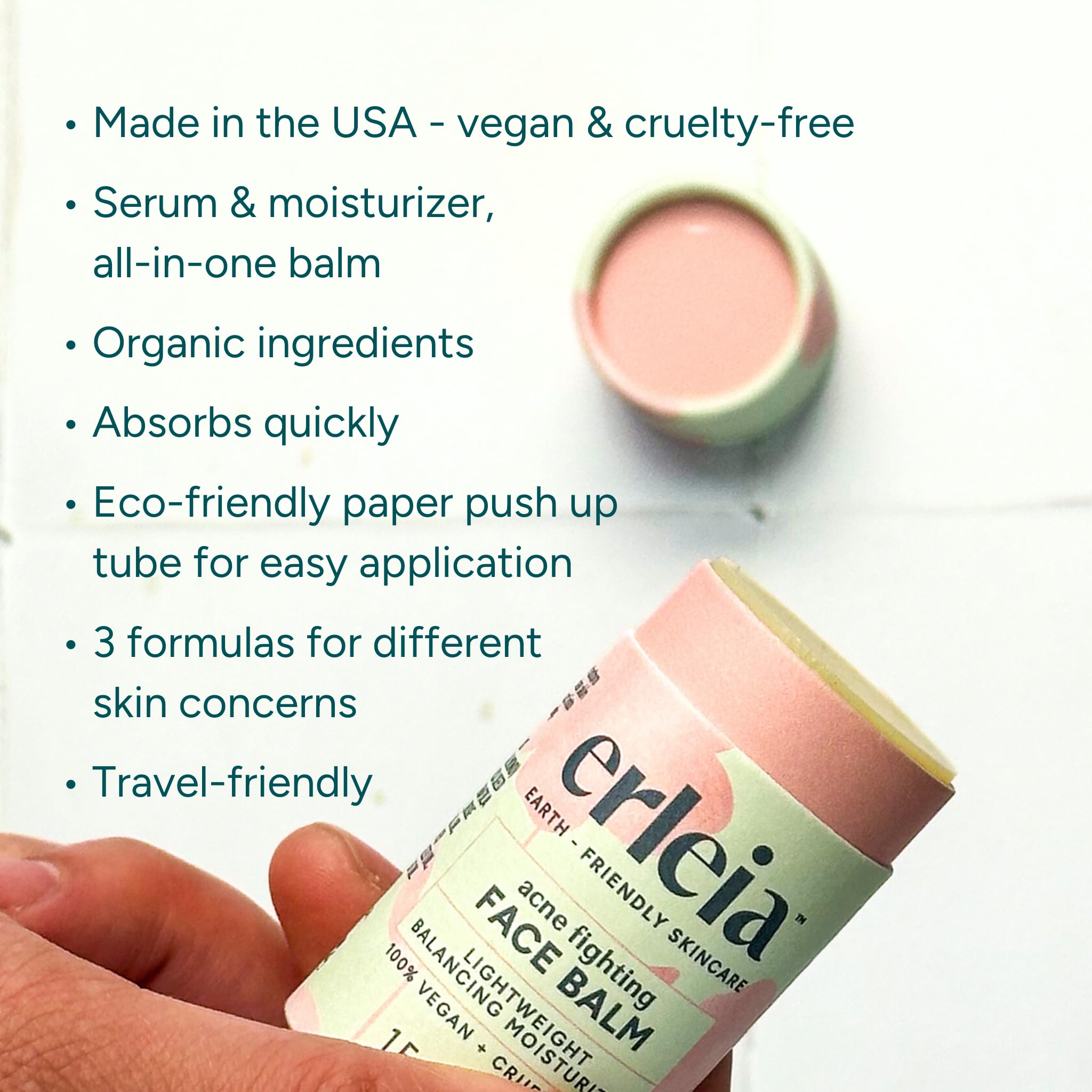 Erleia Solid Face Balm paper tube packaging highlights plastic-free design