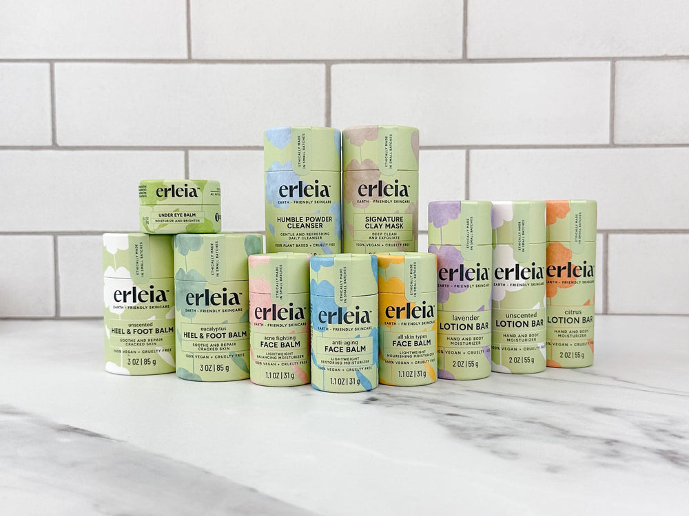 Erleia Solid Face Balm sustainability note with paper packaging.