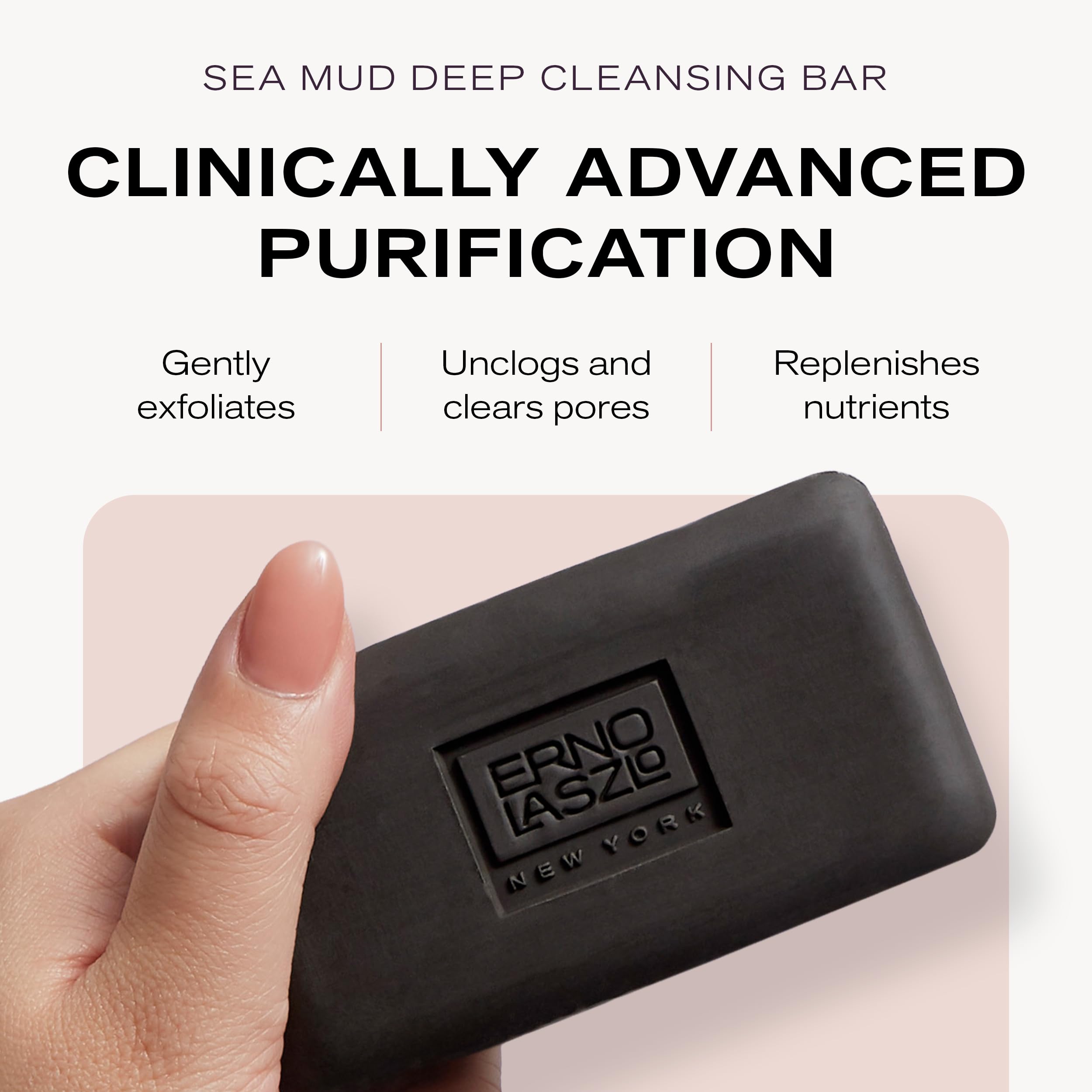 Erno Laszlo Sea Mud Bar highlights Dead Sea minerals for mineral-rich cleansing.