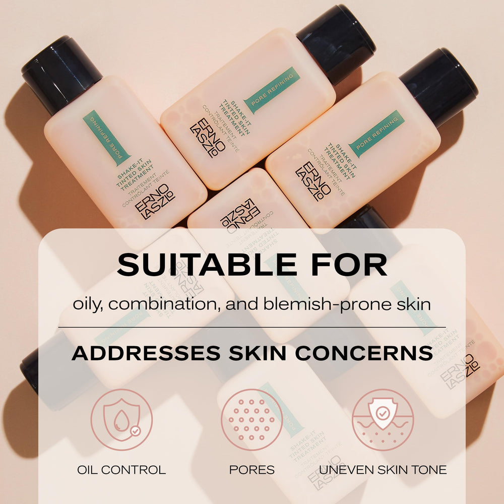 Erno Laszlo Shake-It Tinted Skin Treatment matte-finish close-up highlights oil control.