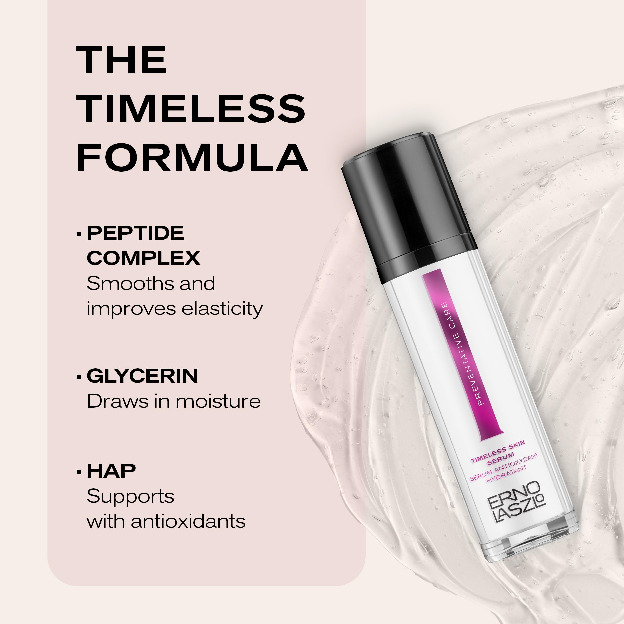 Erno Laszlo Timeless Serum applied in hand shows gentle massage for hydration.