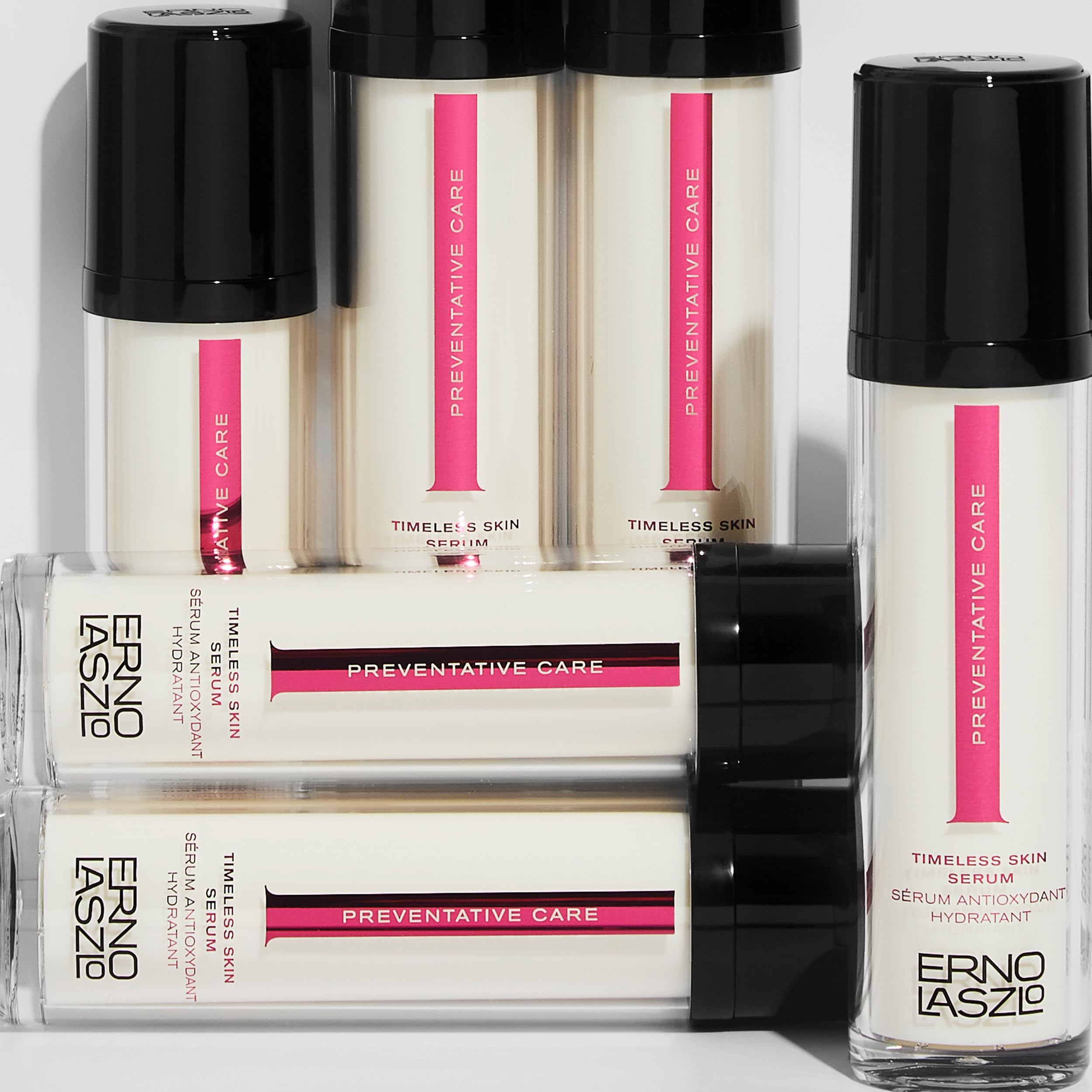 Erno Laszlo Timeless Serum label detail emphasizes brand heritage and ingredient focus.