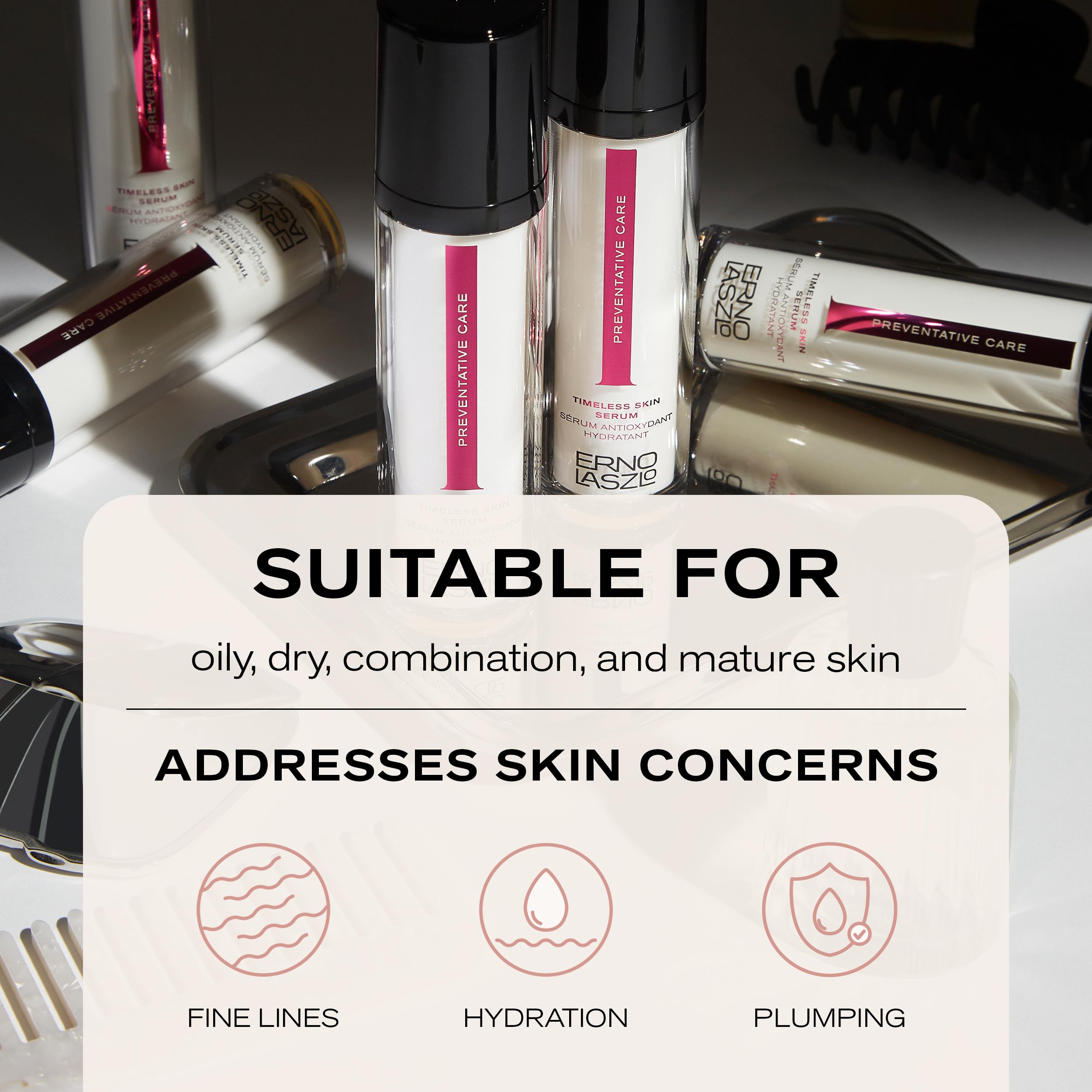 Erno Laszlo Timeless Serum single drop on skin demonstrates precise dosing.