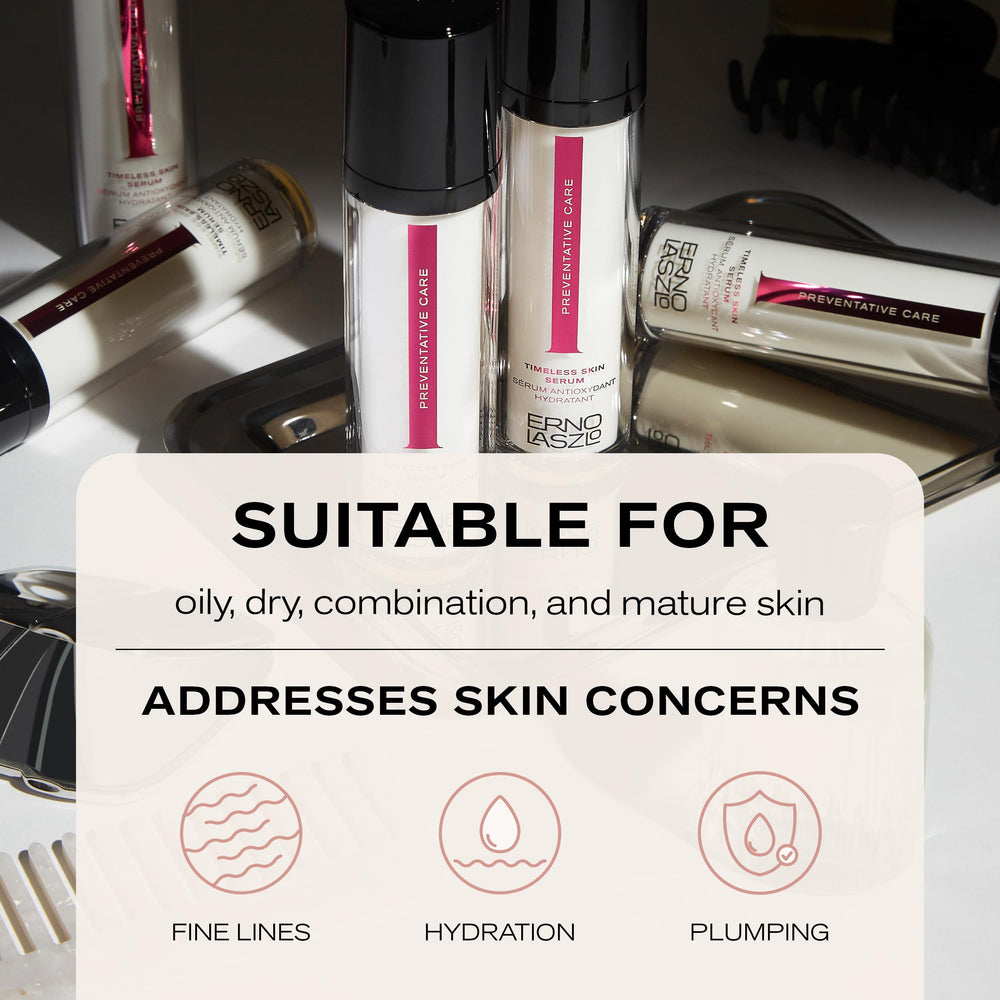 Erno Laszlo Timeless Serum single drop on skin demonstrates precise dosing.