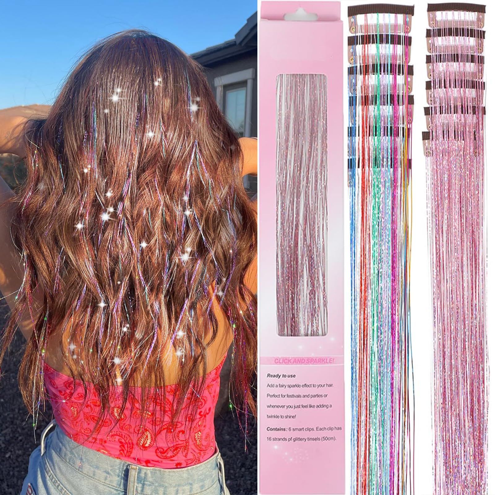 EROADE hair tinsel clip-in extensions add pink multicolor sparkle to hair for party styling