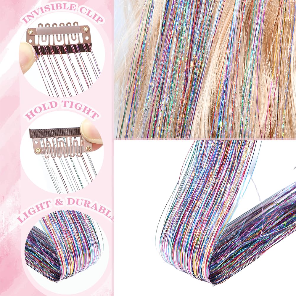 EROADE hair tinsel close-up shows the secure metal clip for quick styling