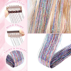 EROADE hair tinsel close-up shows the secure metal clip for quick styling