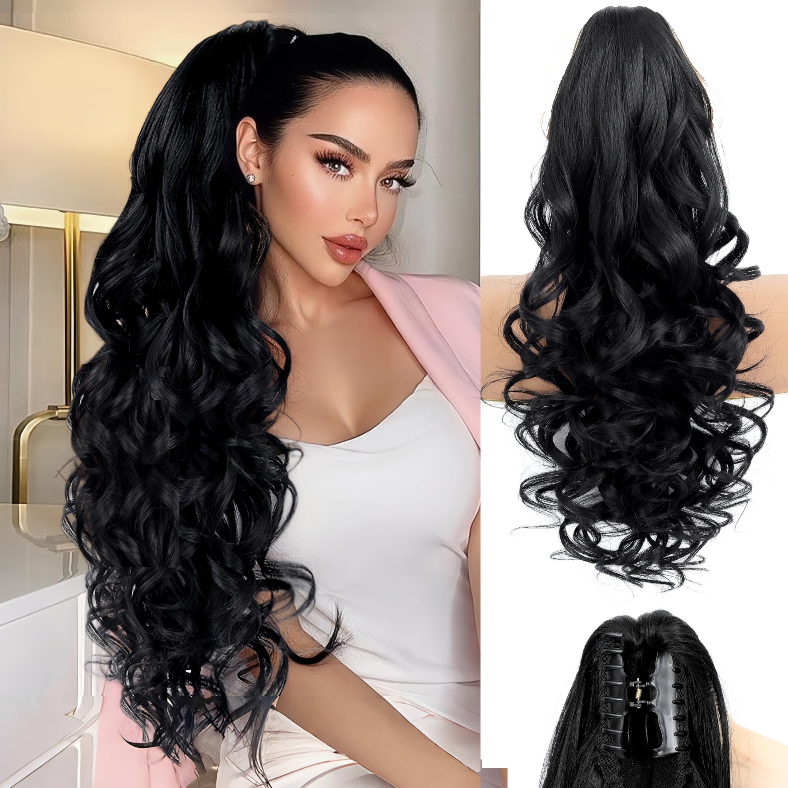 EROADE ponytail extension 26inch close-up showing wavy curly texture for length