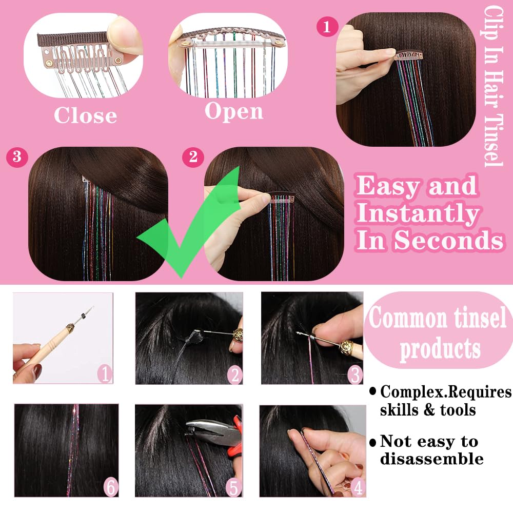 EROADE sparkling hair tinsel on straight hair creates dramatic movement