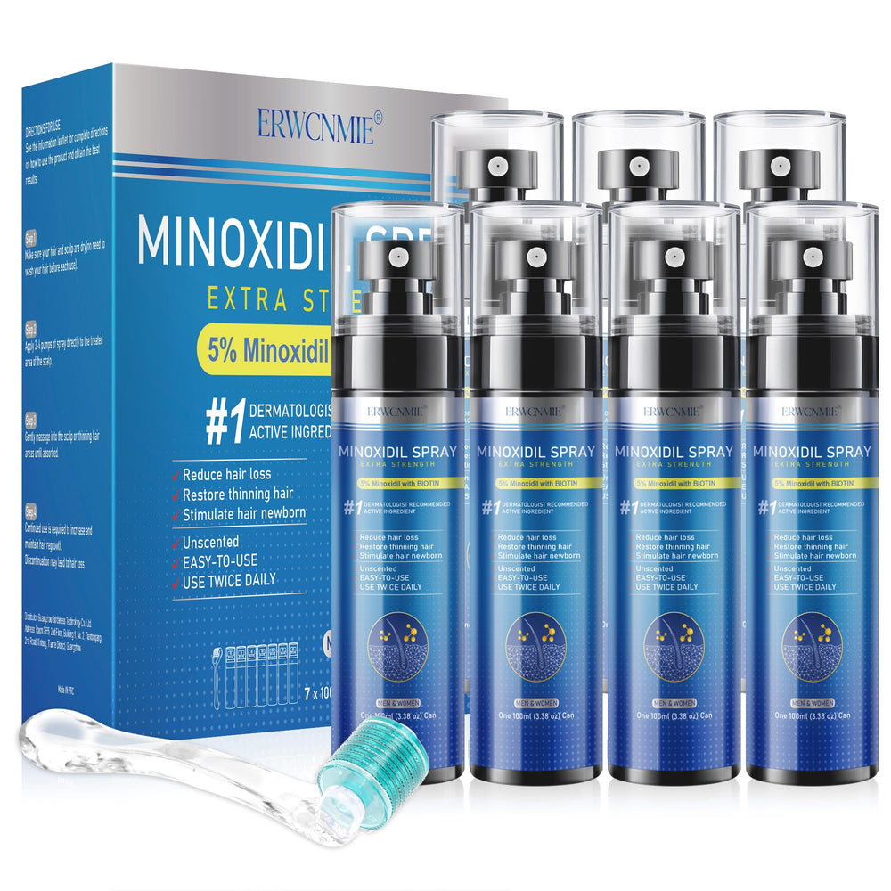 ERWCNMIE 5% Minoxidil spray bottle shown for scalp hair growth support.