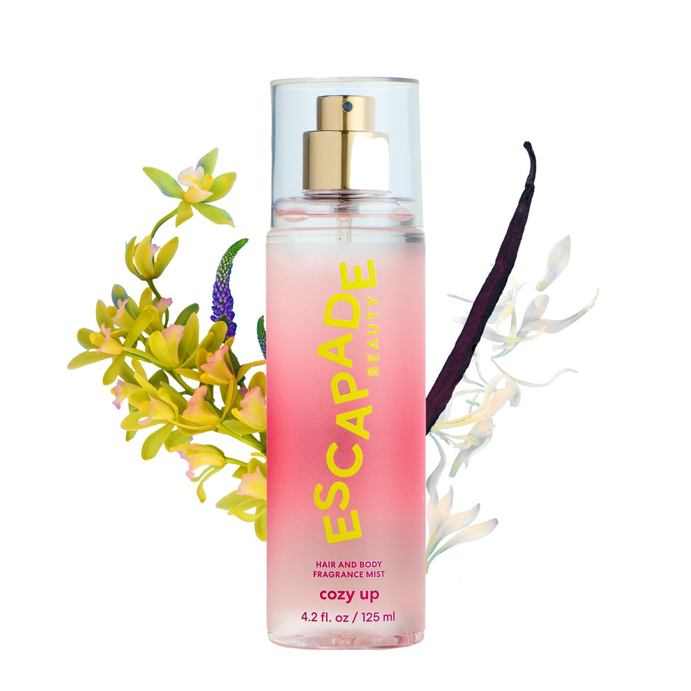 ESCAPADE BEAUTY Cozy Up fragrance label detail — clean beauty promise and premium ingredients stand out.