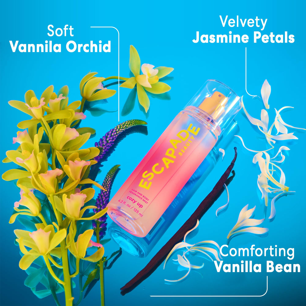 ESCAPADE BEAUTY Cozy Up fragrance mist dispense — convenient pump for quick, even application.