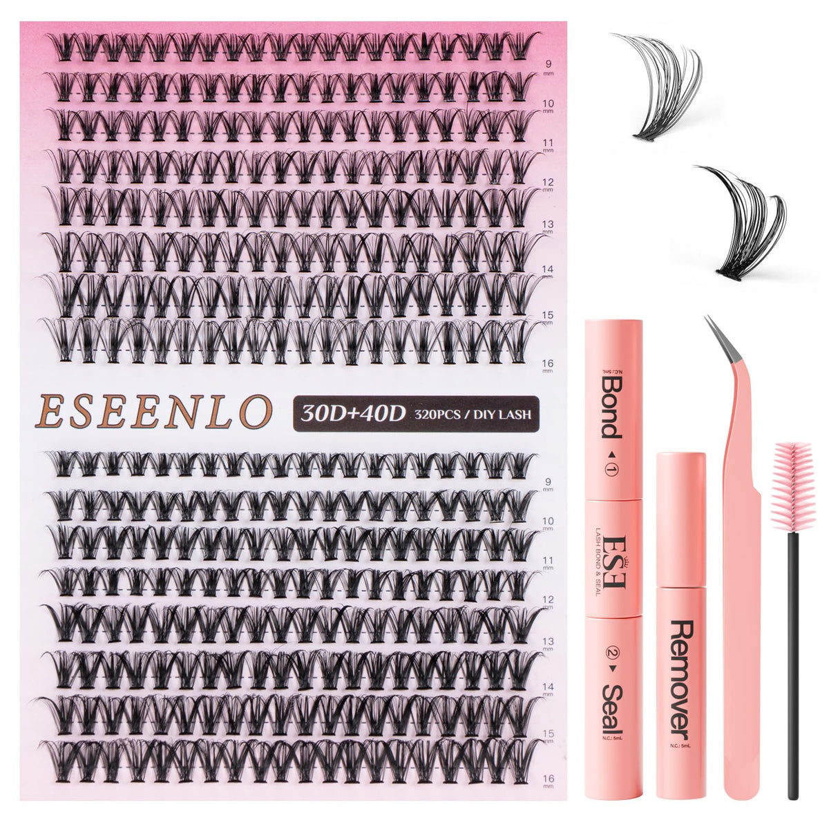 ESEENLO lash extension kit box with 320 clusters for at-home use.