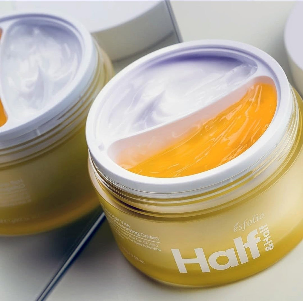 Esfolio Half and Half Cream packaging front highlighting lightweight, non greasy finish for makeup prep.