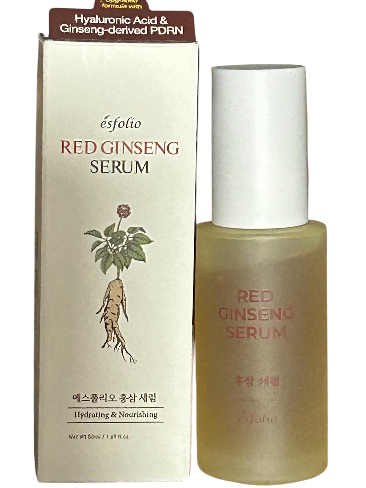 Esfolio Red Ginseng Serum bottle for radiant, hydrated skin with quick absorption.