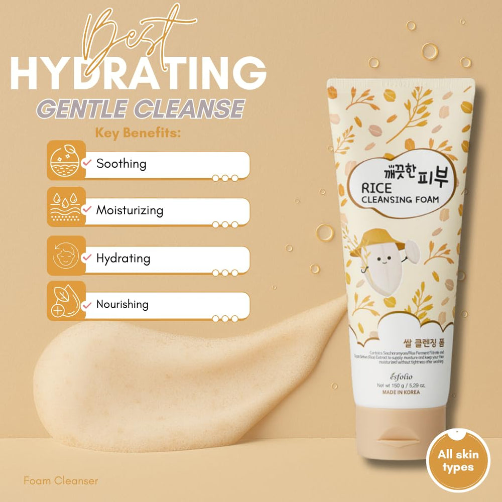Esfolio Rice Cleansing Foam rich lather close-up highlights velvety texture.