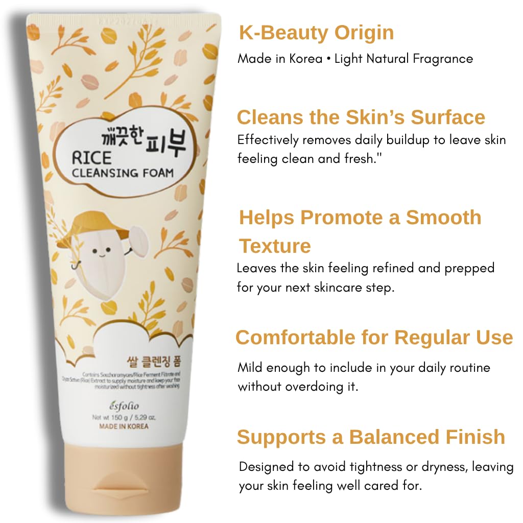 Esfolio Rice Cleansing Foam texture close-up demonstrates creamy lather for sensitive skin.