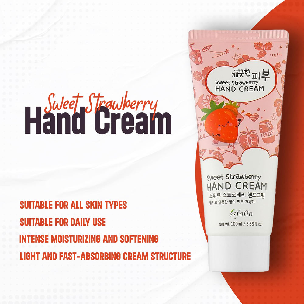Esfolio Sweet Strawberry Hand Cream being applied to moisturize dry hands.