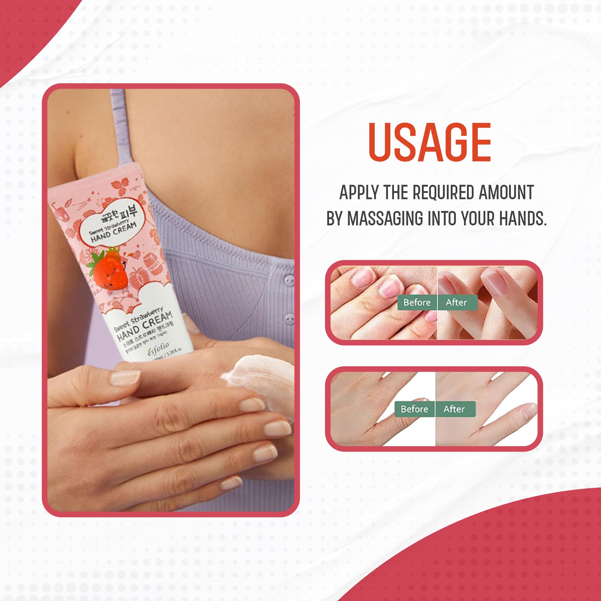 Soft hands after applying Esfolio Sweet Strawberry Hand Cream with visible smoothness.