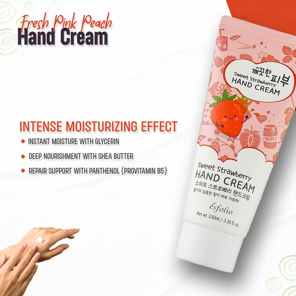 Esfolio Sweet Strawberry Hand Cream tube and box packaging for travel-friendly hydration.