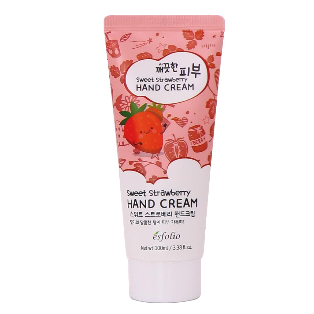 Esfolio Sweet Strawberry Hand Cream tube close-up, showcasing smooth texture for quick hydration.