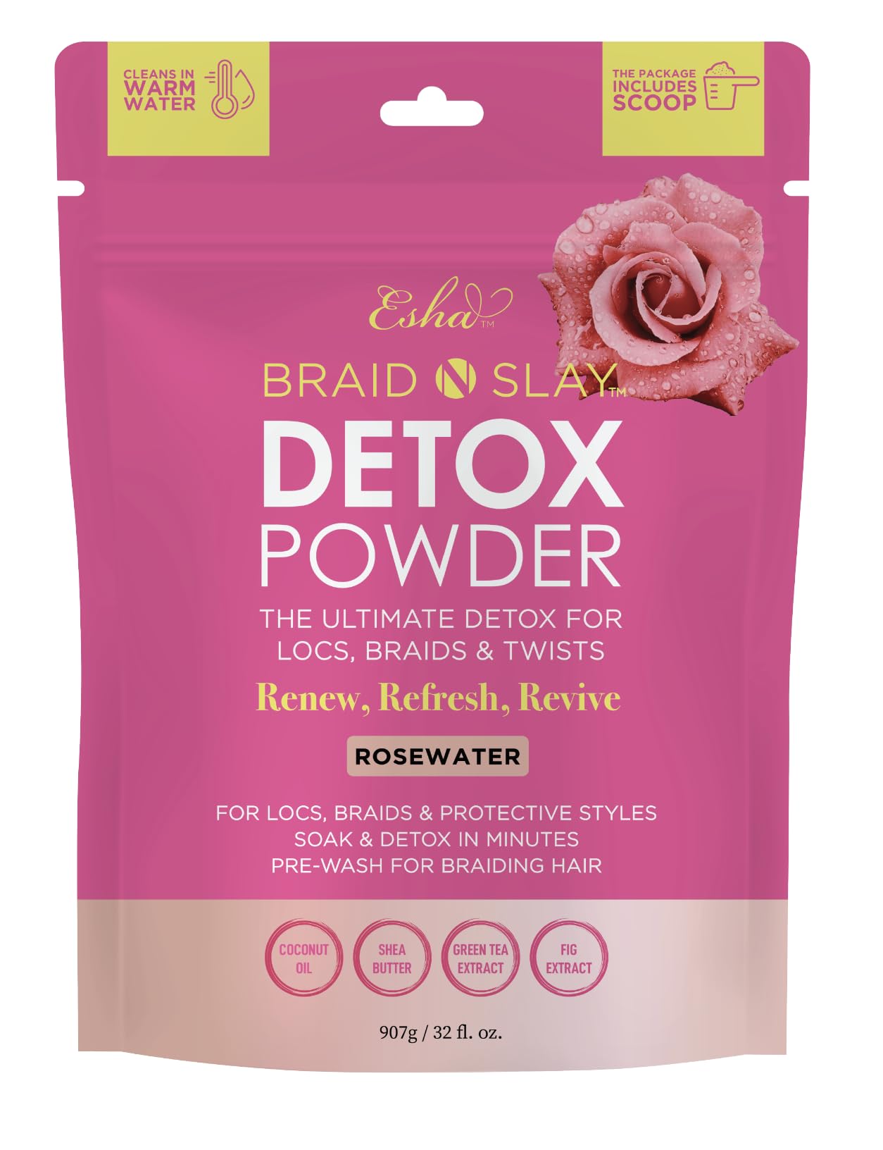 Esha Braid N Slay detox powder bottle for gentle scalp cleansing of braids