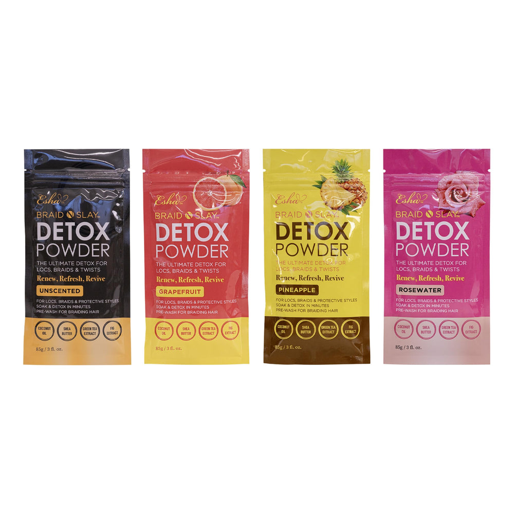 Pouring Esha Detox Powder for quick pre-install detox with synthetic hair.