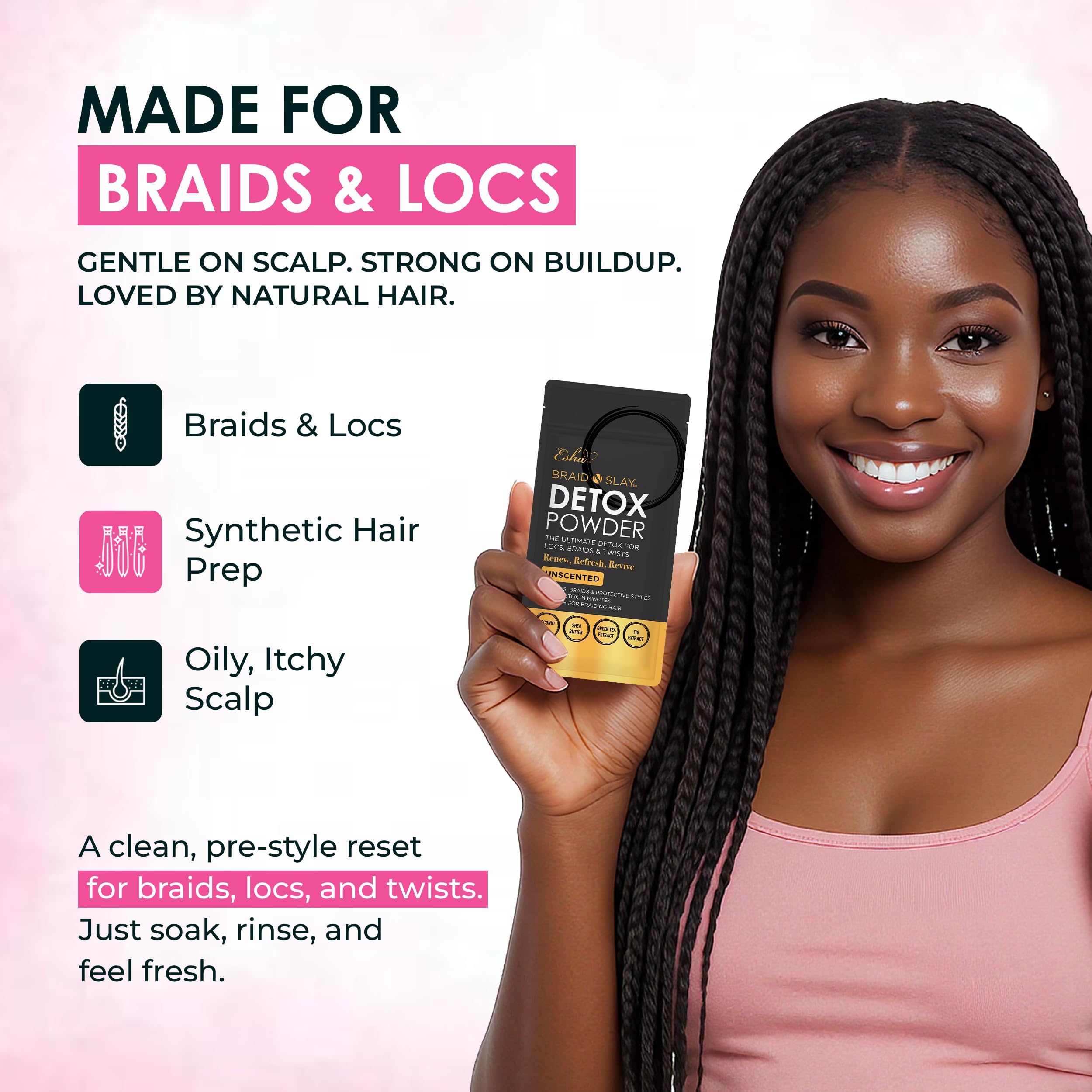 Scalp cleansing action on braids and locs with Esha Detox Powder