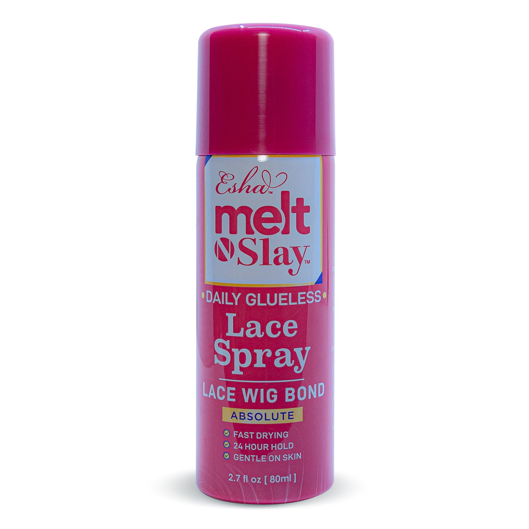Esha Melt N Slay bottle of glueless lace spray for secure, natural hold.
