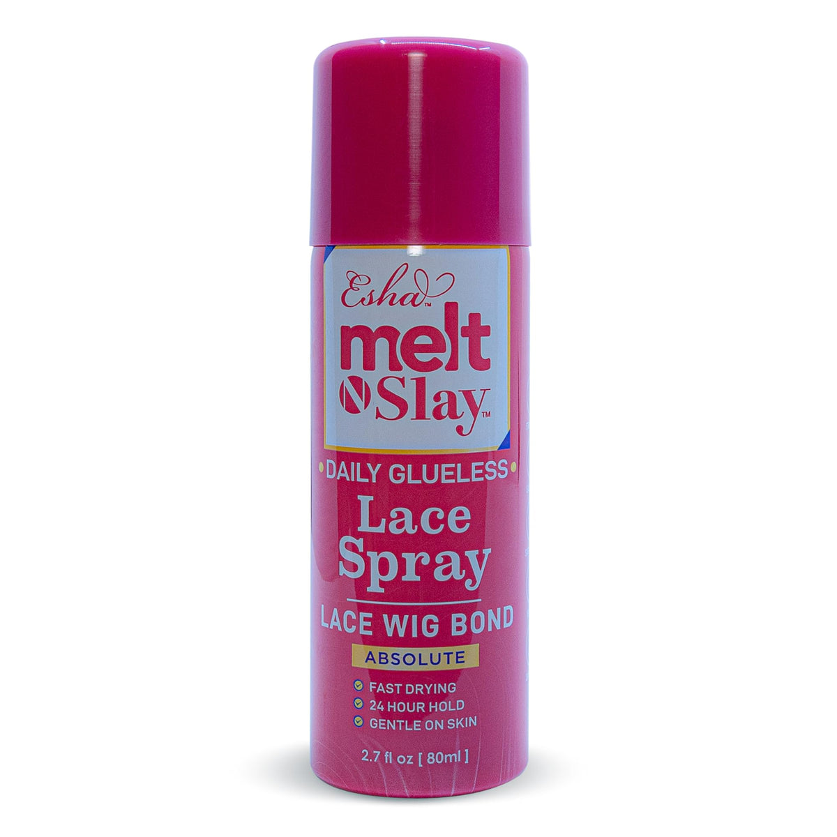 Esha Melt N Slay bottle of glueless lace spray for secure, natural hold.